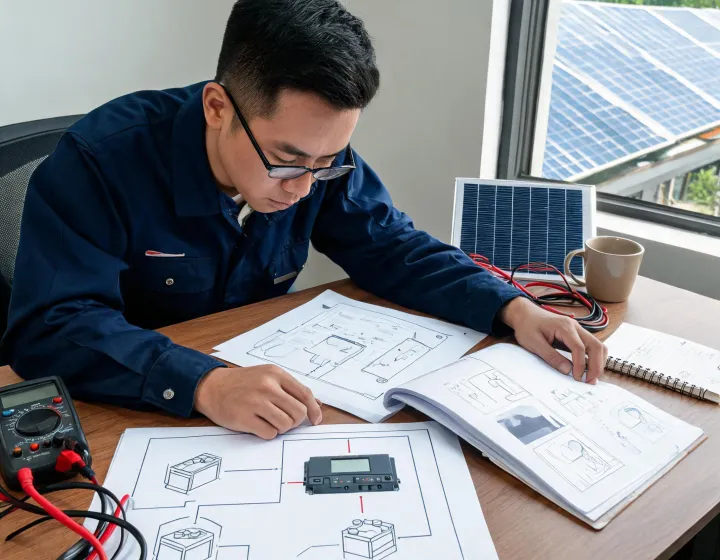 Engineer reviewing solar charge-controller documentation